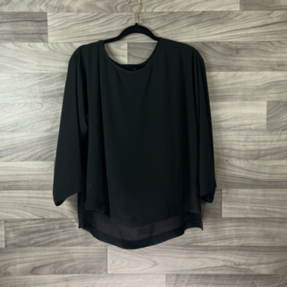 Ann Taylor Womens Blouse Black 3/4 Sleeve Scoop Neck High Low Chiffon M